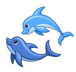 Cute cartoon dolphins swimmng. Children vector illustration. Dolphins isolated on white background