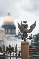 Saint-Petersburg, Russia, 31 August 2020: Close-up sculpture of eagle at Alexander column on Palace...