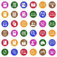 Dictionary Icons. White Flat Design In Circle. Vector Illustration.