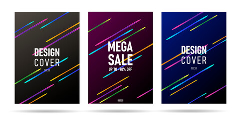 Set of digital banners or posters with bright neon comet track, space science pamphlet cover design or sale