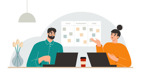 Agile project management methodology concept. Team working on laptops next to the kanban task board. Flexible software developer. Team on a daily meeting. Isolated flat vector illustration