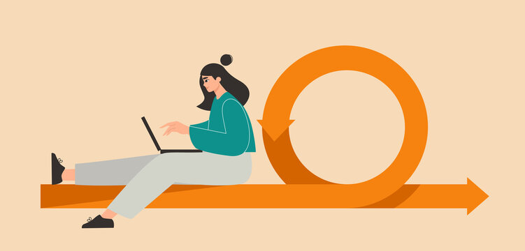 Agile software development methodology. Scrum process concept. Woman developer working on a laptop. Project management. Flexible product development cycle. Isolated flat vector illustration