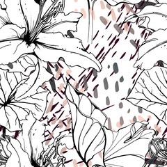 Fototapeta premium Floral Black White Pattern. Modern Watercolor