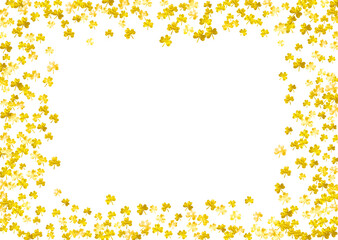 Saint patricks day background with shamrock. Lucky trefoil confetti. Glitter frame of clover leaves. Template for special business offer, banner, flyer. Happy saint patricks day backdrop.
