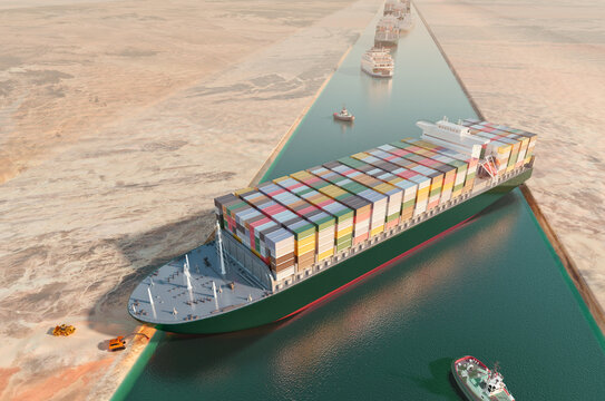 Maritime traffic jam. Container cargo ship run aground and stuck in Suez Canal, blocking world's busiest waterway. Ever given grounding 3D illustration. Cargo vessels traffic jam grows in Suez canal