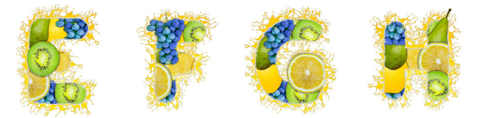 The letters E, F, G, H are made of fruit