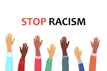 Stop racism banner design.Black and white hands together concept. Campaign against racial discrimination of dark skin color. Vector Illustration.