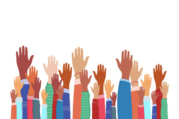 Group hands on top of each other of diverse people.Concept of teamwork community and cooperation.Diverse culture.Copy space.Vector illustration