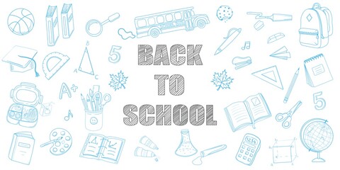 Back to school banner background outline elements of school supplies and objects. Easy to change color. Hand drawn vector illustration EPS10
