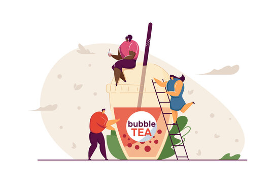 Tiny people with plastic cup of bubble tea. Black girl sitting on top of cup and drinking beverage, woman climbing ladder, man standing beside. Bubble tea, business concept for banner or background