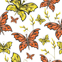 Seamless pattern of yellow and orange magic butterflies, 