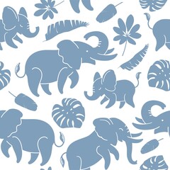 Blue elephants on a white background seamless texture