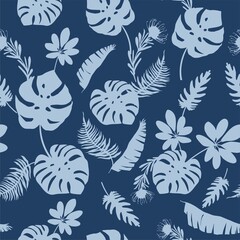 Fototapeta premium Blue tropical leaves, plants, flowers on dark blue background Vector seamless pattern. Beautiful print with exotic plants. Botanical design of fabrics, wallpapers, natural cosmetics, perfumes
