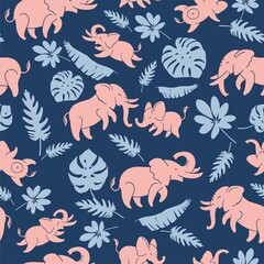Obraz premium Pink funny elephants on a dark blue background - seamless