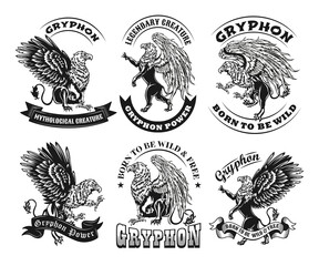 Ethnic vintage black and white griffin vector illustrations set. Isolated graphic sketches of griffin, griffon, or gryphon in decorative retro style. Wildlife or animal concept for tattoo template