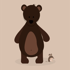 Dark brown bear stands with a mouse on the light brown background