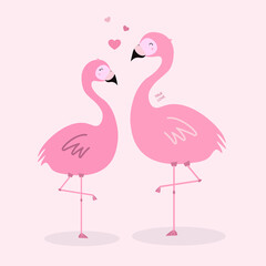 Two pink flamingos on a pink background with three hearts and the inscription 