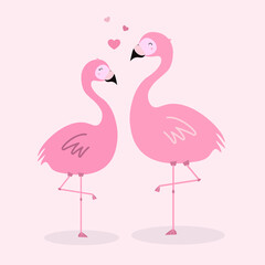 Two pink flamingos on a pink background with three hearts