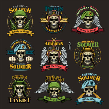 Army emblems set. Military labels template with skulls in pilot helmets or soldier hats, air force eagle wings, text and ribbons. Colored vector illustrations isolated on black background
