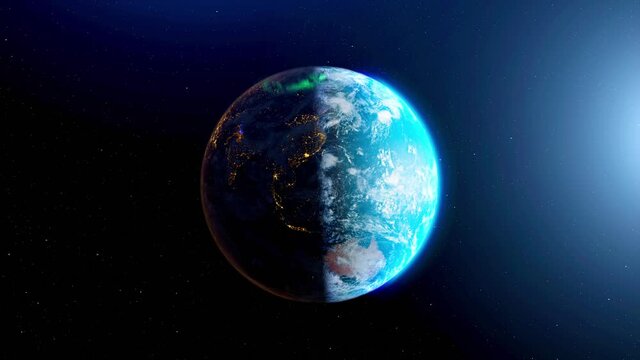 Earth from space rotation day to night skyline with aurora light. The globe spinning on satellite view space travel. Realistic 3d rendering animation. elements of this image furnished by NASA. Loop ab