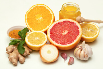 Healthy products for immunity boosting and cold remedies, close-up.