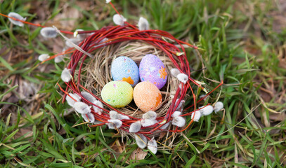 A beautiful nest of grass and pussy willow  branches with decorated Easter eggs on a  green grass with sunny bokeh. Easter card, banner, copy paste. Happy easter