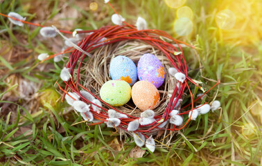 A beautiful nest of grass and pussy willow  branches with decorated Easter eggs on a  green grass with sunny bokeh. Easter card, banner, copy paste. Happy easter