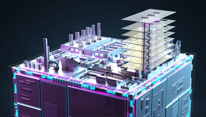 Optical fiber production plant. Abstract image of information flow. technology cube for providing information.