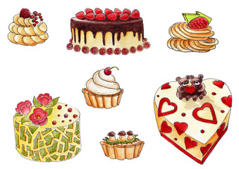 Watercolor illustration of a set of cakes and pastries with chocolate, marmalade and berries isolated on a white background