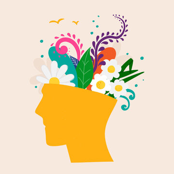 Mental health concept. Abstract image of a head with flowers inside. Plants, flower and leaves as a symbol of inspiration, calmness, favorable mental behavior. Vector hand drawing illustration.