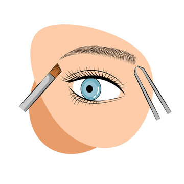 Illustration for the brow master. Vector illustration depicting eyebrows, eyes, brushes, tweezers on a beige cloud