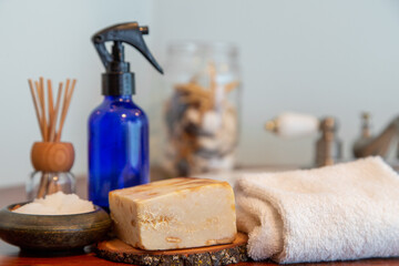 Natural personal care items on a wooden bathroom counter