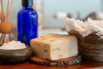 Natural personal care items on a wooden bathroom counter