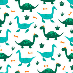 Dinosaur with leaves and bones jurassic baby seamless vector pattern