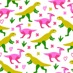 Dinosaur with leaves and hearts jurassic baby seamless pattern
