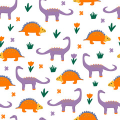 Dinosaur with leaves and flowers baby seamless pattern
