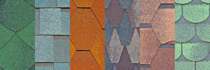 Flexible tile is made of fiberglass impregnated with bitumen. Collage of different types of roofs. Collage of different types of roofs. Decorative roofs are different in color and shape.