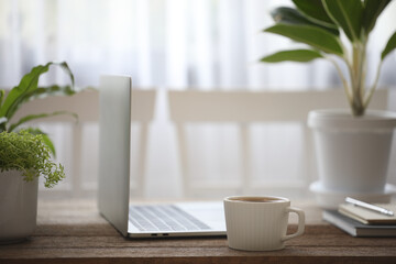 White coffee cup and laptop and plant pots on brown wooden table