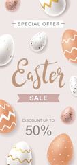 Easter Sale design for flyer or banner with hand drawn lettering, realistic chicken eggs with ornament and decorative quail eggs. Special offer discount up to 50%. - Vector illustration