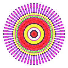 Creative multicolored points round symbol. Abstract symmetrical logo. Mosaic colorful beautiful beads. Circle dots modern pixel floral art icon. Colored pattern ornament wheel decorative illustration.