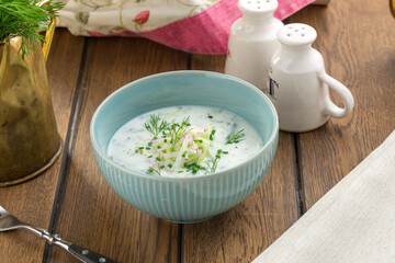 Russian cold soup okroshka with vegetables and yogurt in a bowl on the table