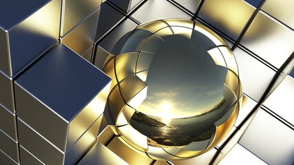 precious nature - luminous golden sphere sheltered by steel cubes reflecting beach scenery with rocks -3D illustration 