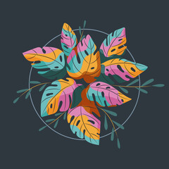 Colorful tropical leaves wreath. Design for wedding, invitation, greeting card, posters, blogs, postcard. Vector illustration.