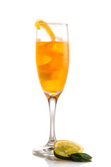 Summer cocktail, orange and mint. White background