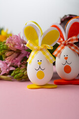 Close up of Easter eggs bunny and flowers