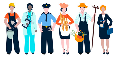 vector illustration set of six people of different professions - doctor, builder, farmer, manager, baker policeman on a white background labor day. flat illustration for websites, applications.