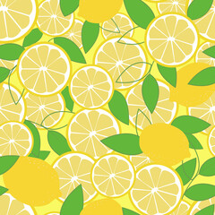 Lemons. Fruits and slices of lemons with leaves on a bright yellow background. Seamless pattern.