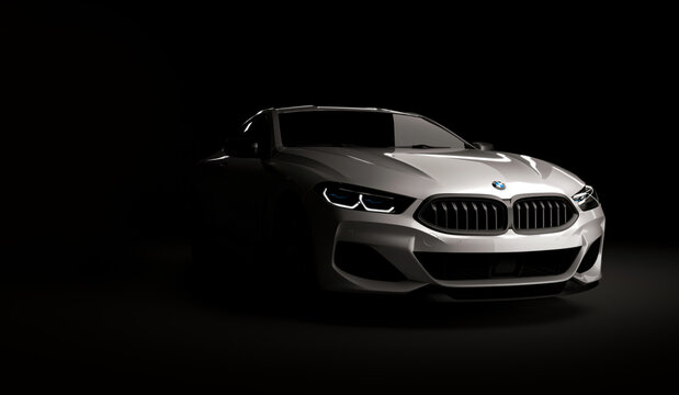 Kazakhstan, Almaty - January 20, 2020: All-new BMW 8 Series Coupe on dark background. 3d render