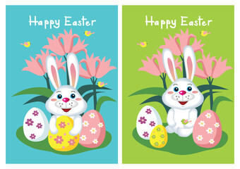 Easter bunny with eggs, a set of two greeting cards.