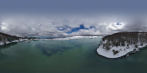 360 degree virtual reality panorama of Lake Biviere immersed in the beautiful beech forest of Monte Soro in winter on Nebrodi, Sicily, Italy. Natural lake with views of Mount Etna and the sea. Sicily.